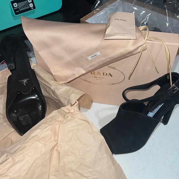 PRADA ankle strap black suede heels sandals with box, bag, and extra tips. - Picture 6 of 11